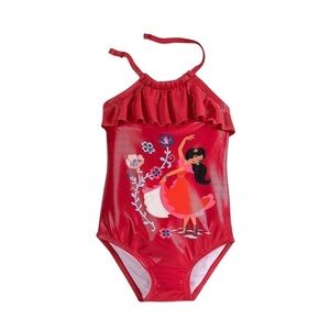 Disney Store Girls Elena of Avalor Halter Ruffle One Piece Swimsuit 9-10 Red